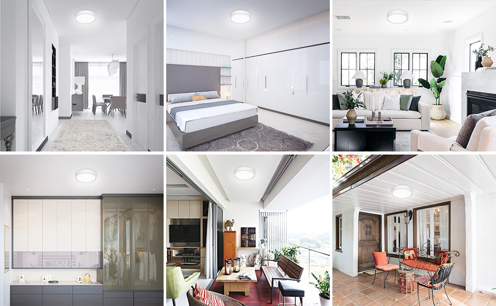 a collage of four different rooms.