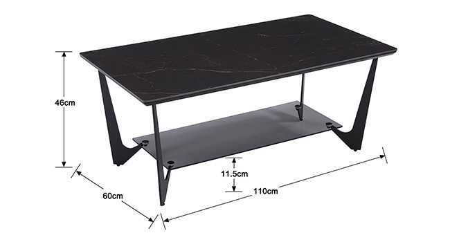 Table basse moderne avec plateau en aspect marbre noir, pieds en métal en forme de V et étagère inférieure. Dimensions : 110 cm de longueur, 60 cm de largeur, 46 cm de hauteur.