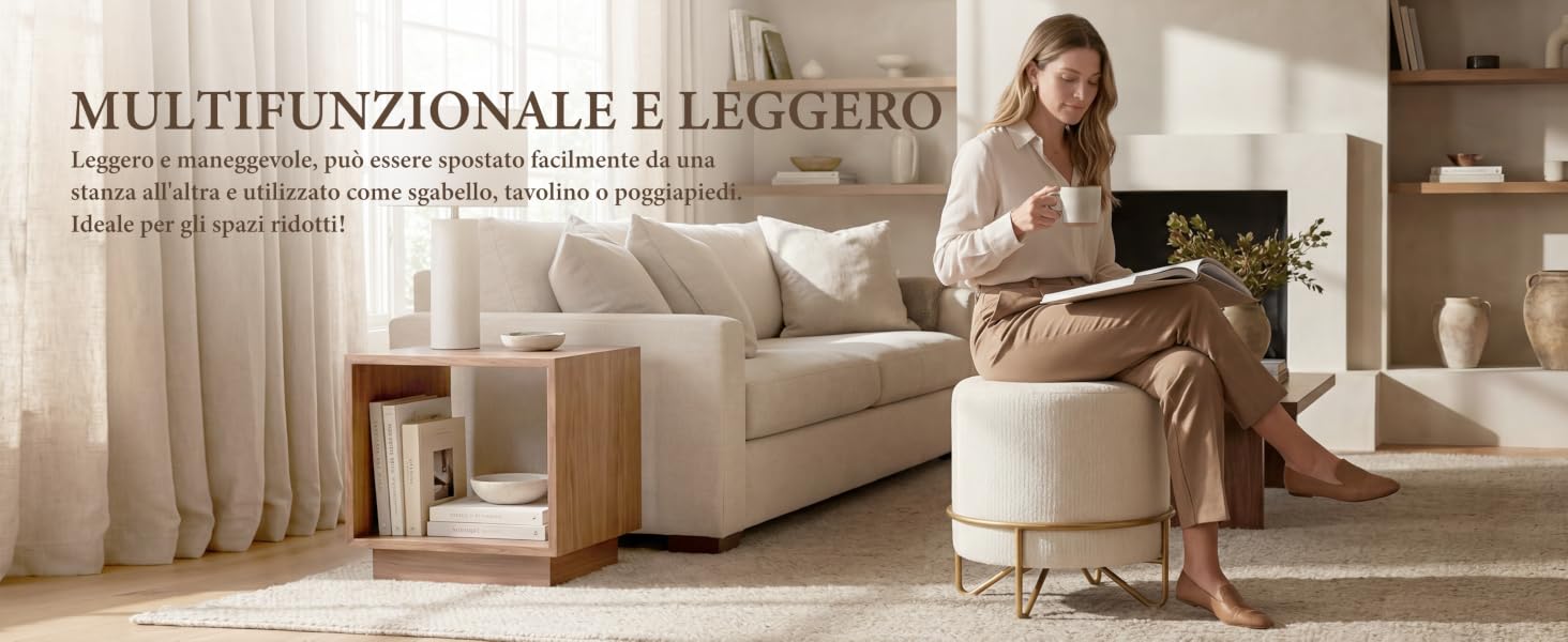 Il testo recita «MULTIFUNZIONALE E LEGGERO». Salotto con divano beige, cuscini decorativi e combinazione di colori neutri.