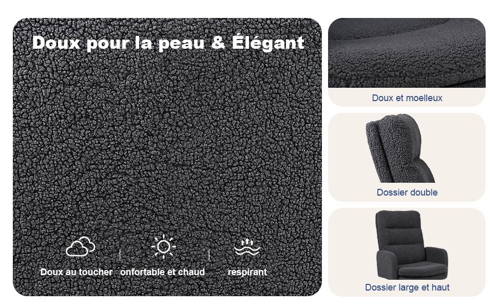 Échantillon de matériau texturé gris foncé avec texte en français, accompagné de deux échantillons de matériau plus petits montrant des angles différents