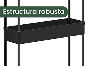 con postes de soporte verticales y compartimento de almacenamiento rectangular, etiquetada como «Estructura robusta» (estructura robusta).