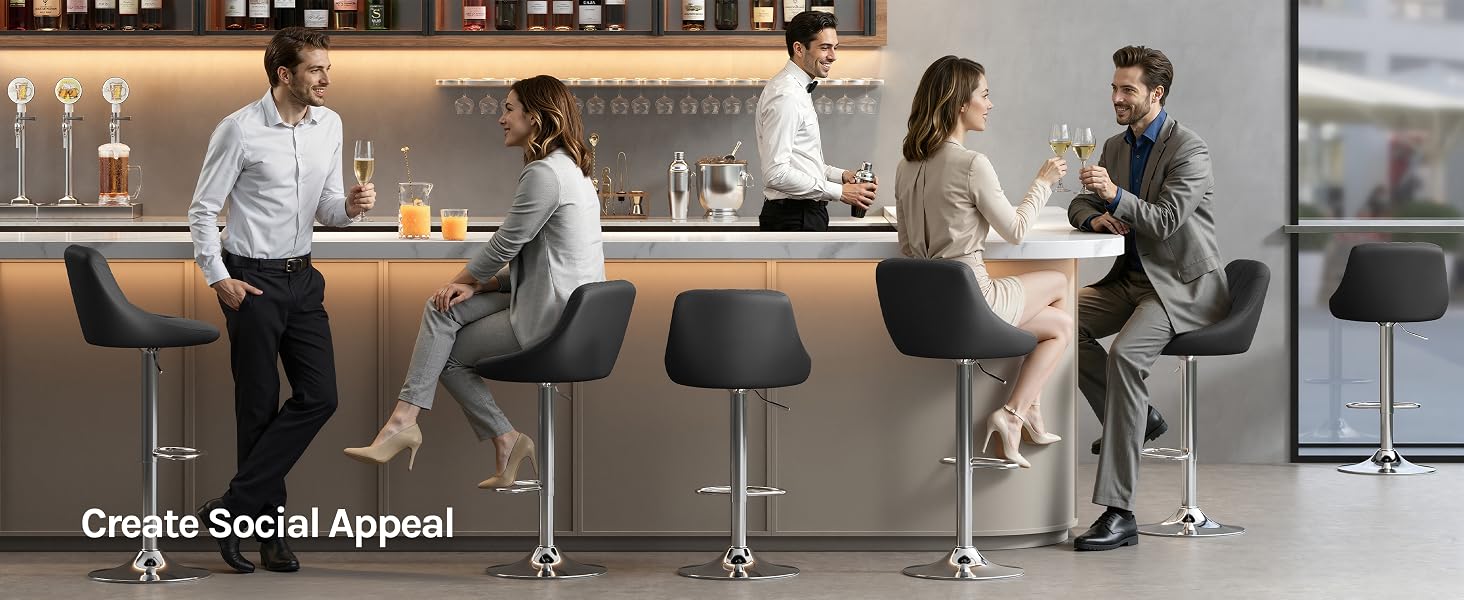 Text reads 'Create Social Appeal'. Professional setting with multiple people in business casual attire engaged in conversation at a counter or reception area.