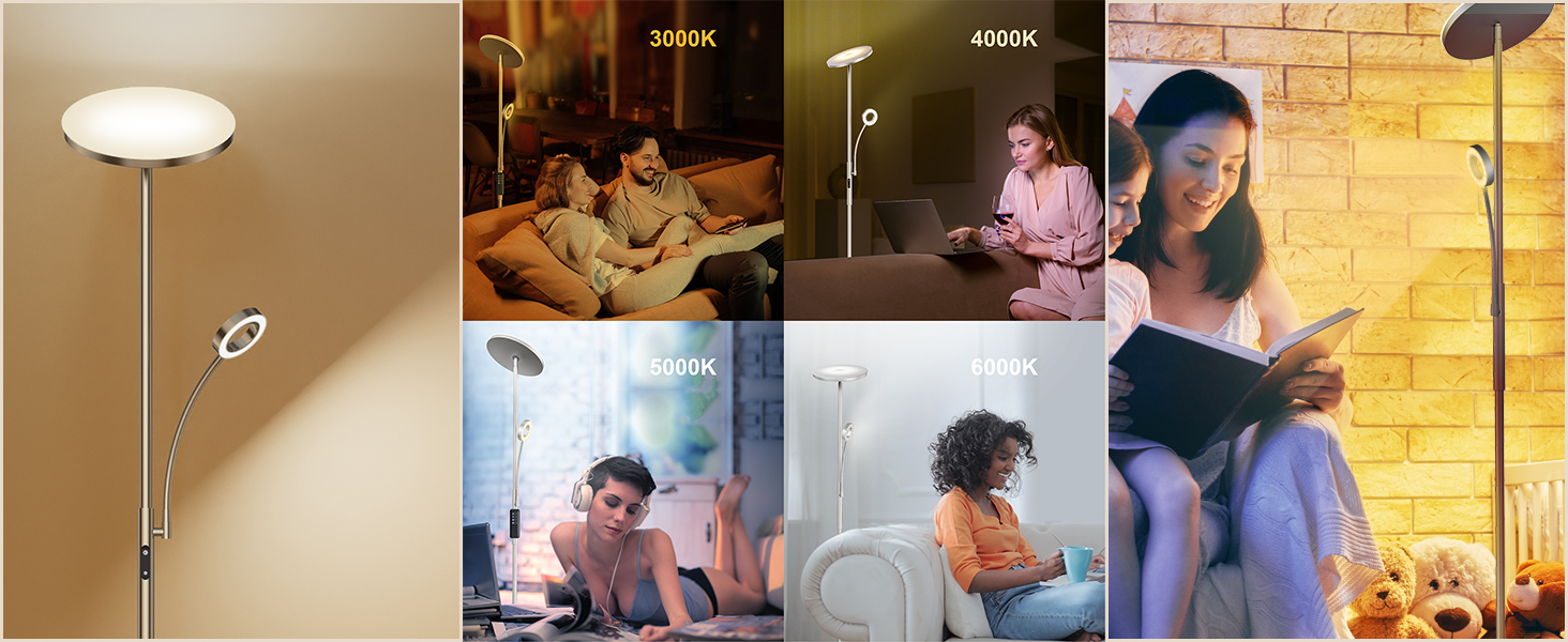 Collage aus sechs Bildern, die Menschen zeigen, die eine Lampe in verschiedenen Umgebungen wie Lesen, Arbeiten und Entspannen benutzen. Die Lampe hat einen langen verstellbaren Arm