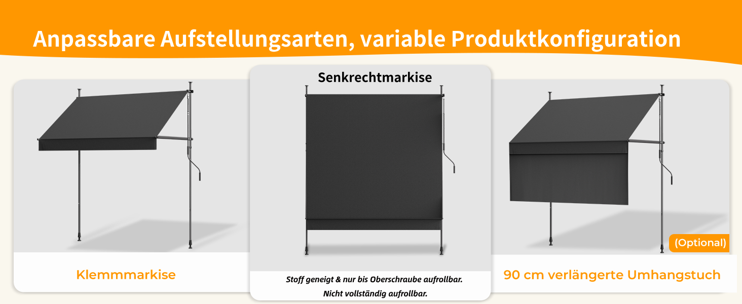 Der Text lautet „Anpassbarer Aufstellungsgarten, Variable Produktkonfiguration“, „Aufbaumaße“, „Witterungsschutz“, „Unterunterbau“. Drei modulare Gartenstrukturen, dargestellt in unterschiedlichen Konfigurationen mit schwarzen und grauen Komponenten.