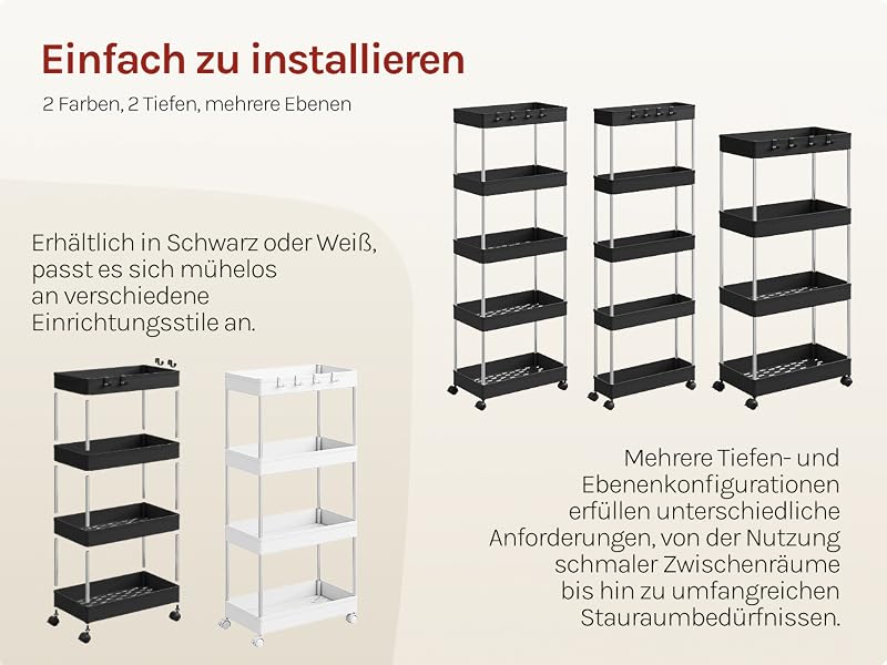 Der Text lautet „Einfach zu installieren“. Anleitungsdiagramm mit den Montageschritten für ein schwarzes modulares Regalsystem mit mehreren Konfigurationsoptionen.