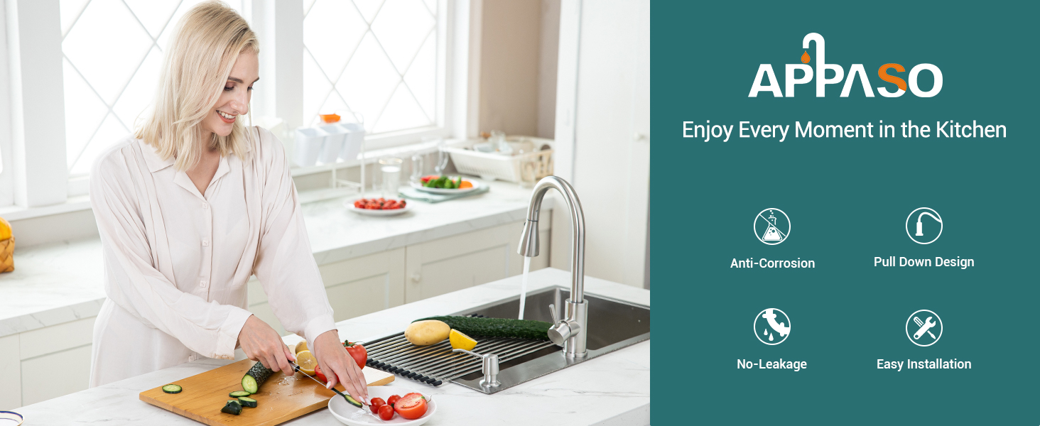 Kitchen faucet advertisement showing a woman cutting vegetables by a sink. Features anti-corrosion, pull-down design, 360-degree rotation, and easy installation icons.