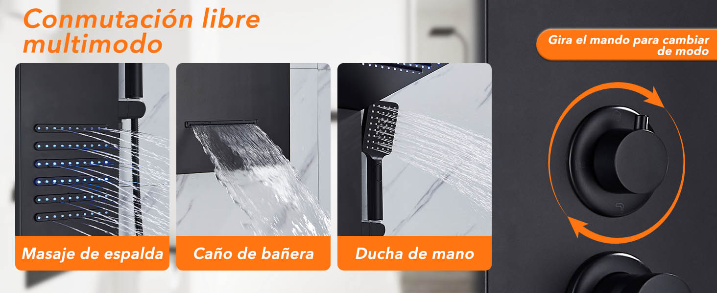 con rociador de masaje, ducha de efecto lluvia y opciones portátiles, con dial de control circular para cambiar fácilmente de un modo a otro.