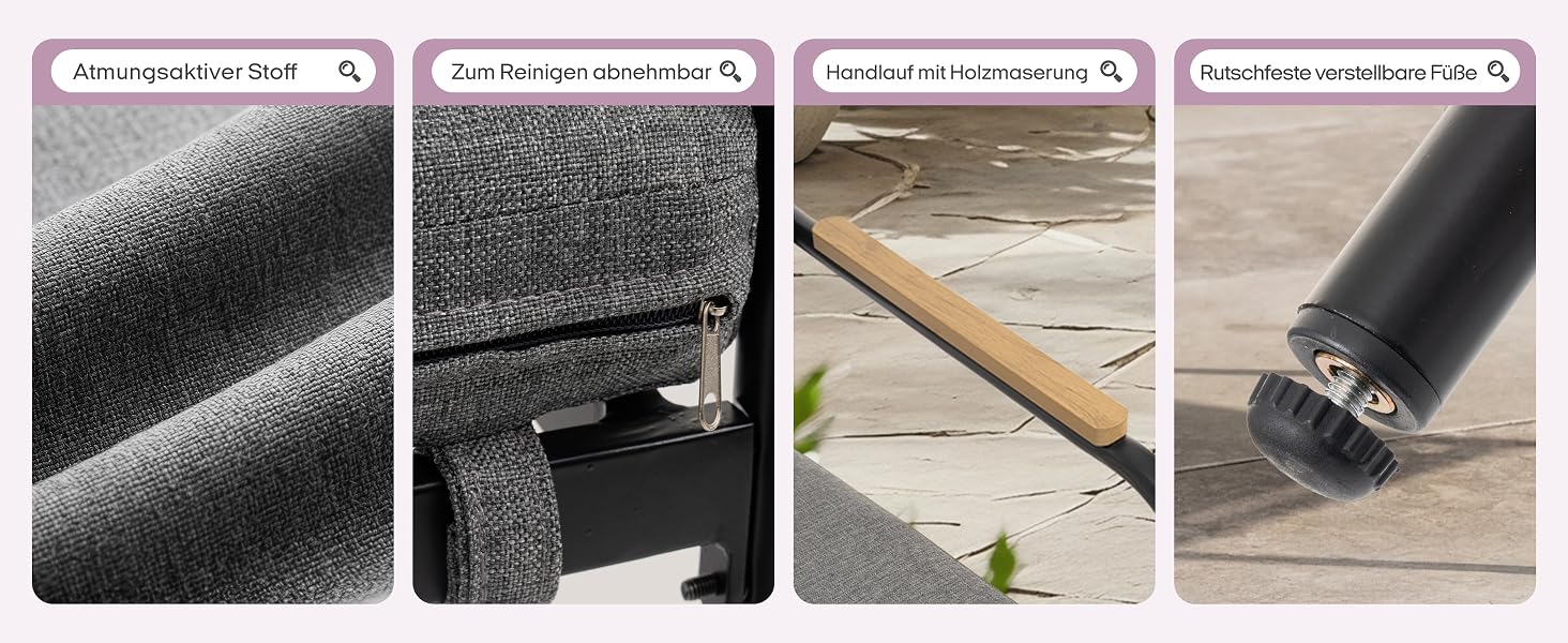 Vier Detailfotos in Nahaufnahme, die Textur und Materialeigenschaften zeigen: glitzernde/glitzernde Oberfläche, Fach mit Reißverschluss, Holzgriff und strukturierter Stoff mit Metallhalterung.