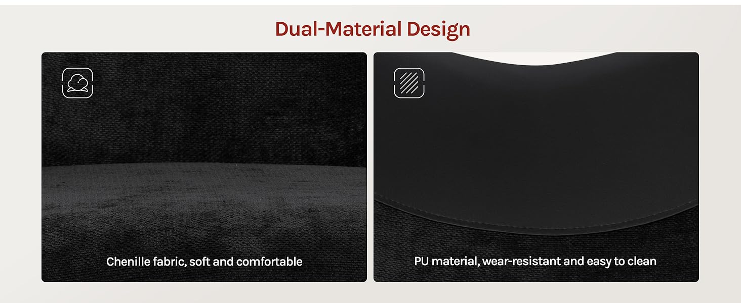 Text reads "Dual-Material Design". Two black rectangular material samples shown side-by-side with descriptive text below each panel comparing fabric and PU material properties.
