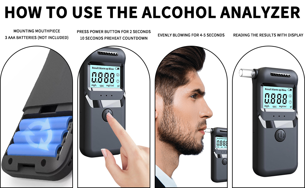 Text reads "HOW TO USE THE ALCOHOL ANALYZER". Instructions show portable breathalyzer device operation: storage case, handheld analyzer display showing "0.00" reading, and usage near person's mouth.