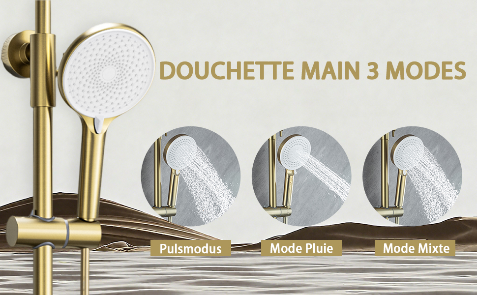 Le texte indique « DOUCHETTE MAIN 3 MODES ». Pommeau de douche à main au fini doré illustré sous plusieurs angles, affichant différents modes de pulvérisation.