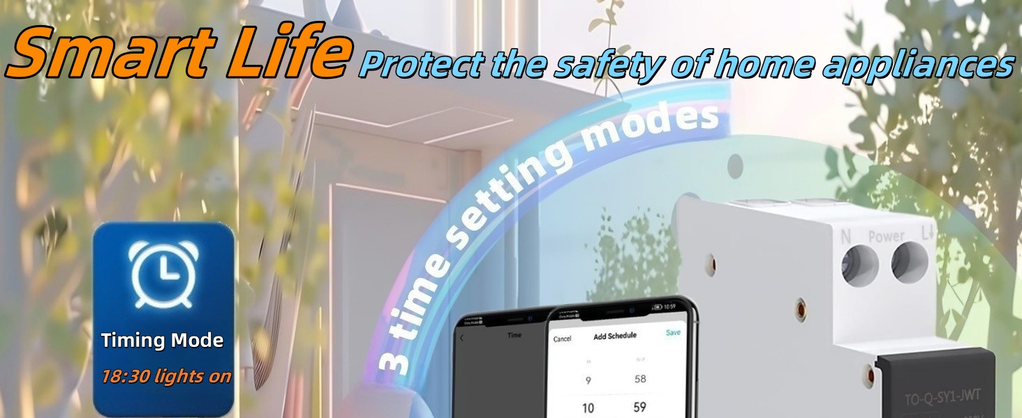 Smart home automation system featuring a white smart plug, smartphone app interface, and text highlighting 3-minute setting and timing mode features for appliance safety control.