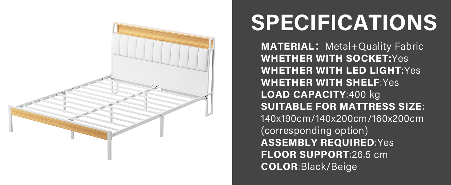Le texte indique « SPÉCIFICATIONS », « MATÉRIAU : », « ADAPTÉ À LA TAILLE DU MATELAS ». Schéma technique et spécifications d'un cadre de lit avec des éléments en bois.