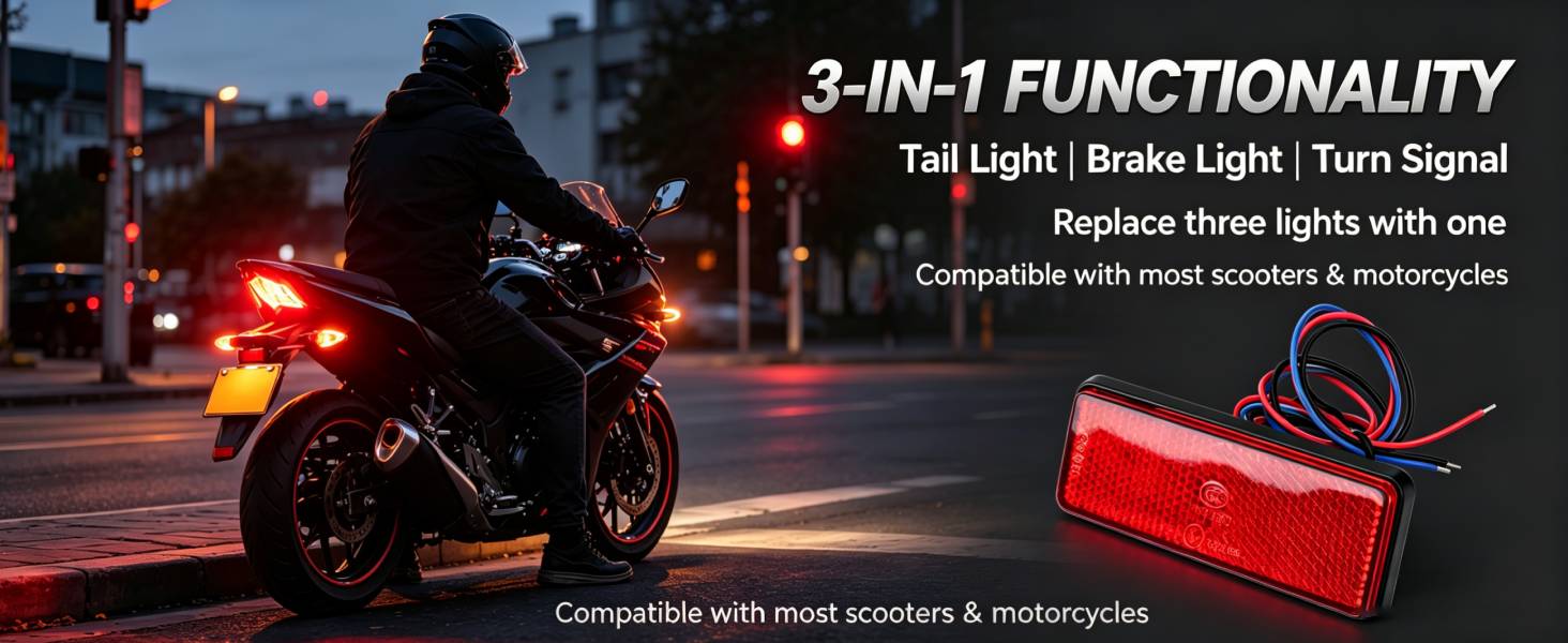 Text reads "3-IN-1 FUNCTIONALITY", "Tail Light | Brake Light | Turn Signal", "Replace three lights with one", "Compatible with most scooters &amp; motorcycles". Red motorcycle rear light mounted on bike at night.