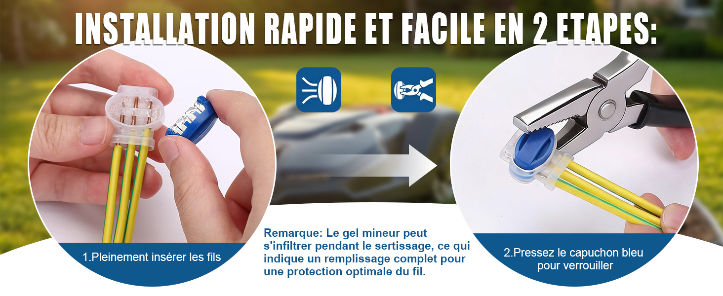 Le texte se lit comme suit : « INSTALLATION RAPIDE ET FACILE EN 2 ÉTAPES ». Schéma d'instructions illustrant le processus d'installation en deux étapes avec des flèches et des icônes illustrant la méthode d'application.