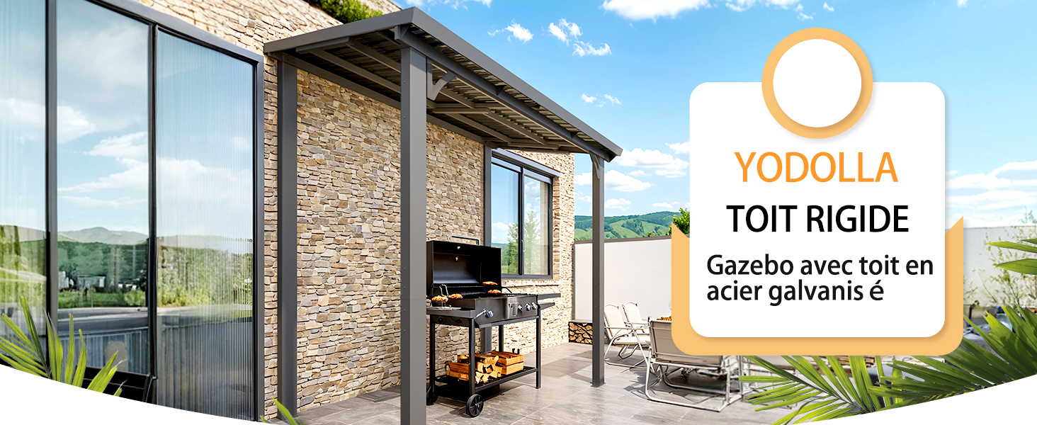 Le texte indique « YODOLLA » et « TOIT RIGIDE ». Images marketing montrant un belvédère extérieur ou une structure de pergola avec des piliers en pierre et des panneaux de verre sur fond pittoresque.