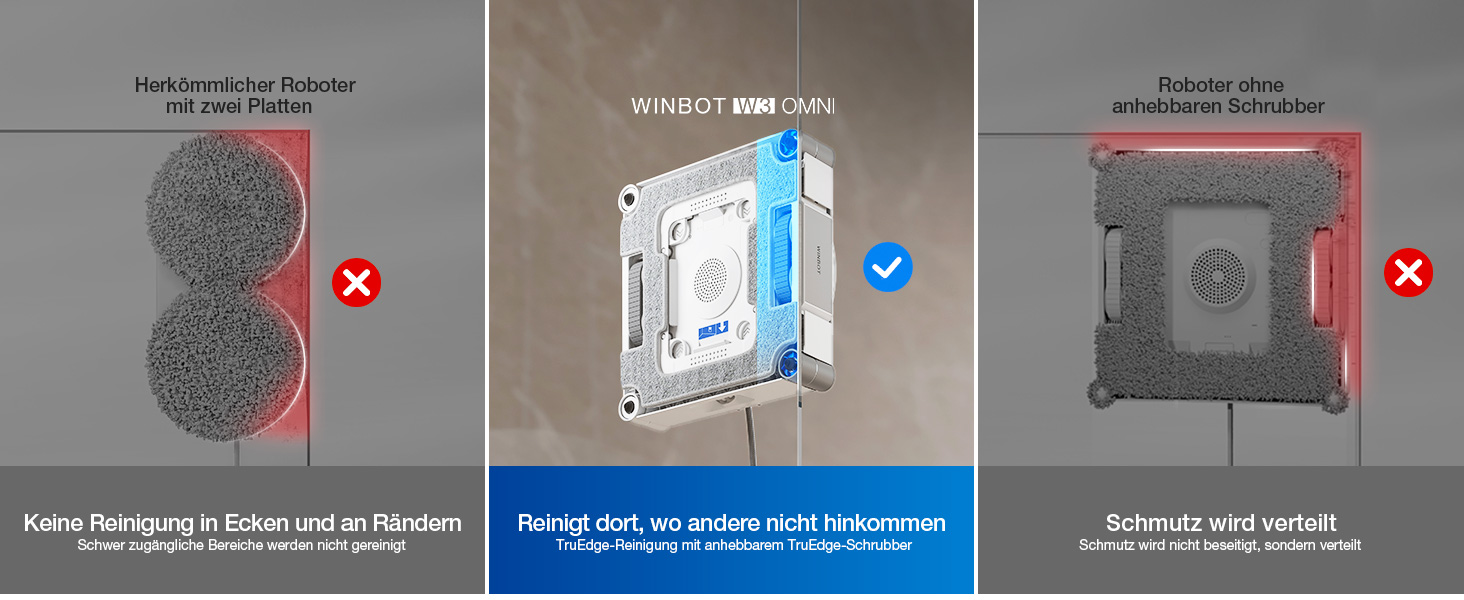 In der Installationsanleitung werden die richtigen und falschen Montagepositionen für elektronische Geräte angezeigt. Rote X-Markierungen weisen auf eine falsche Platzierung hin und blaue Häkchen auf die korrekte Positionierung.