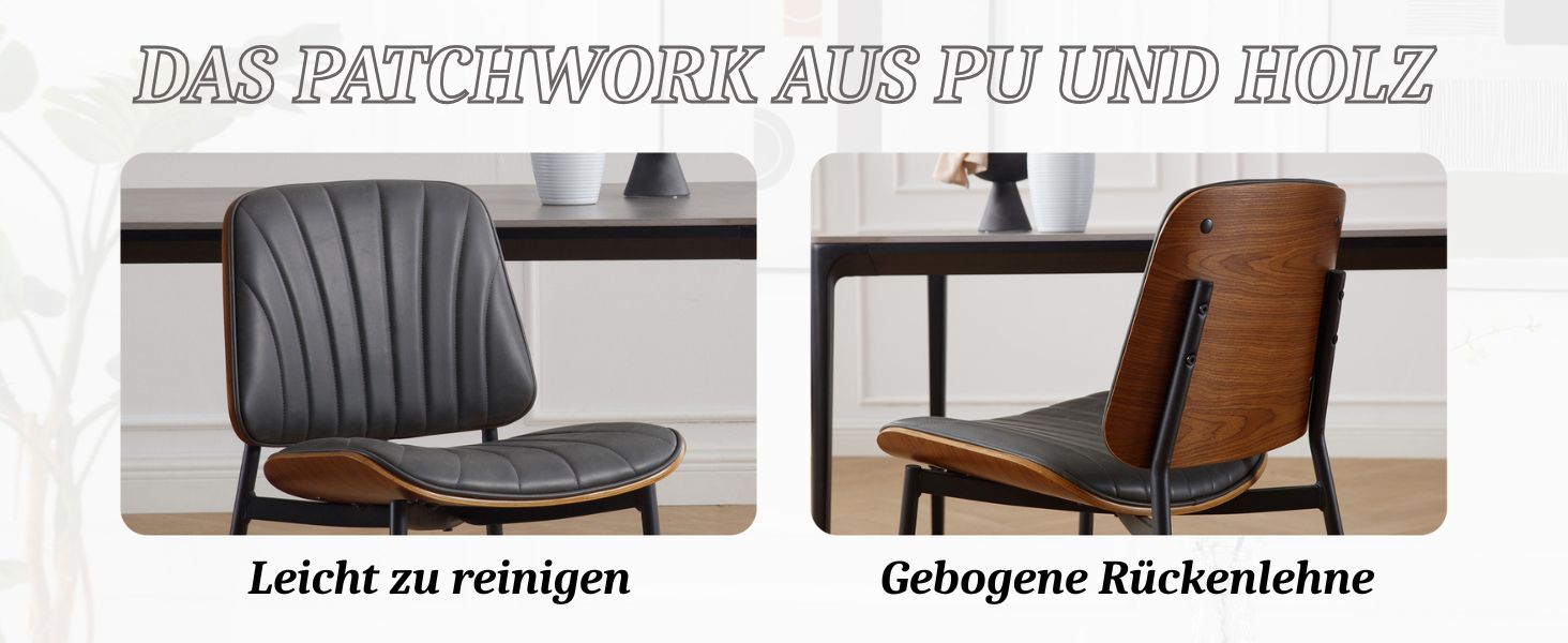 Zwei Esszimmerstühle mit Holz- und Kunstlederelementen. Auf der linken Seite befindet sich der leicht zu reinigende Sitz, auf der rechten Seite die geschwungene Rückenlehne.