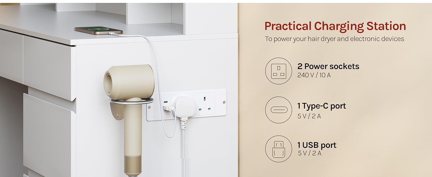 Text reads 'Practical Charging Station'. Product diagram showing charging station components with measurements, including '2 Power sockets', '1 Type-C port', and 'USB port'.