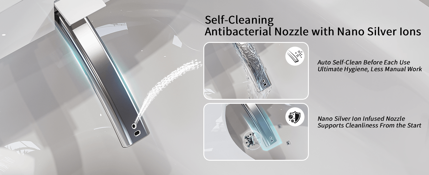 Text reads 'Self-Cleaning' and 'Antibacterial Nozzle with Nano Silver Ions'. Marketing image showing close-up views of a metallic nozzle with technical diagrams highlighting antibacterial features.