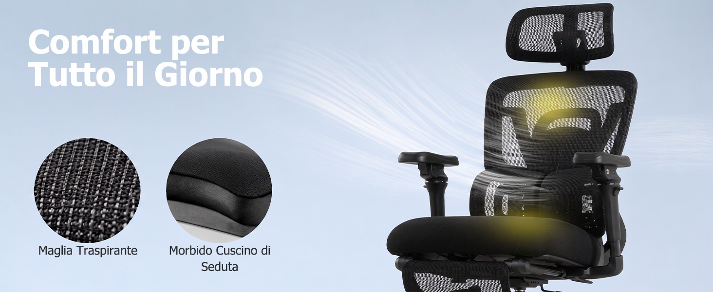 Il testo recita «Comfort per Tutto il Giorno». Poltrona da massaggio mostrata di profilo con cerchi con dettagli a trama che evidenziano i materiali in rete e cuscino.