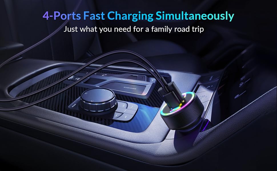 Car charging adapter with 4 USB ports illuminated by blue LED lights, installed in a vehicle's center console charging port.