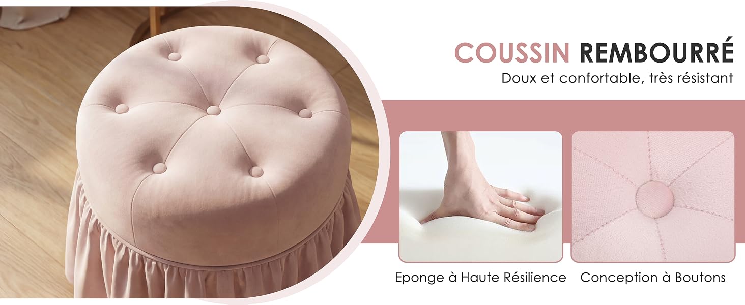 Le texte indique « Coussin REMBOURRÉ Doux et confortable 24/24 jours Dormir à Hauts Talons » et « Conception à Jour ». Coussin rond beige avec détails capitonnés à boutons, visibles depuis les angles supérieur et latéral avec des échantillons de tissu.