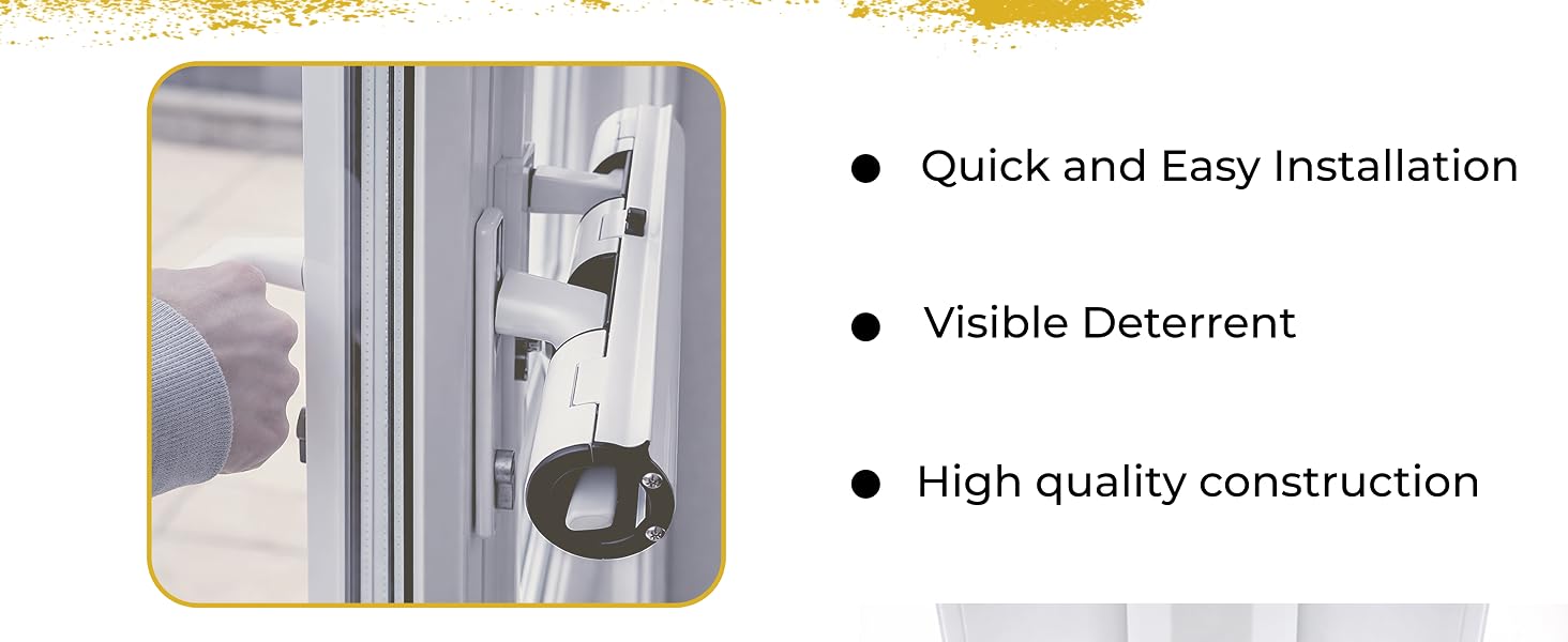 Text reads 'Quick and Easy Installation' and 'High quality construction' and 'Visible Deterrent'. Security device installation views on door frame.
