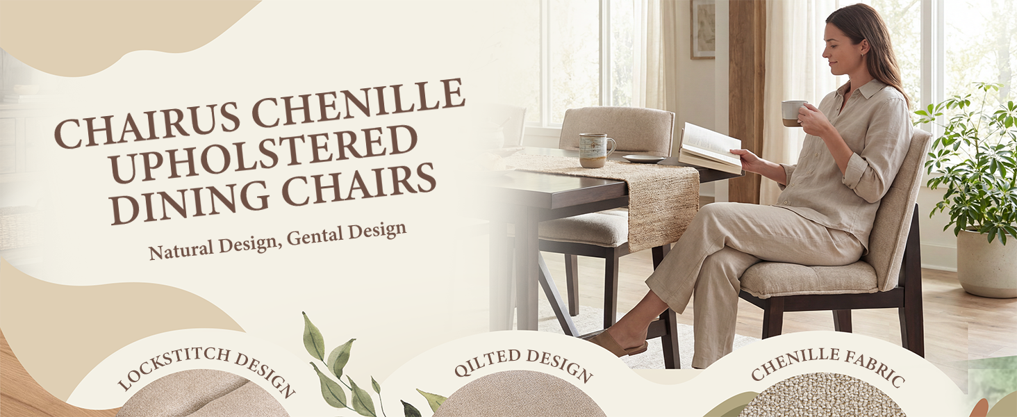 Text reads 'DINING CHENILLE' and 'CHAIRS CHENILLE UPHOLSTERED'. Collage showing beige upholstered dining chairs in various room settings with neutral décor.