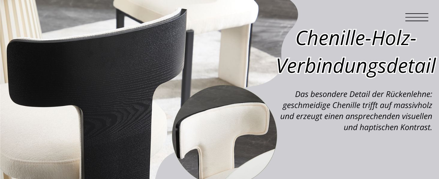 Der Text lautet „Chenille-Holz-“ — „Verbindungsdetail“. Technisches Diagramm mit Verbindungsdetails aus Holz im schwarz-weißen Illustrationsstil.