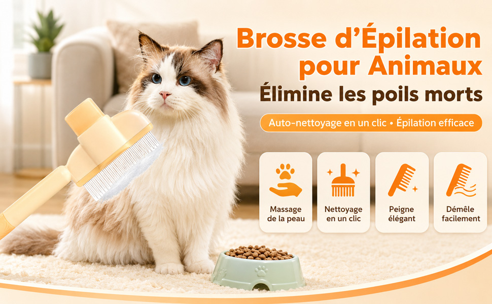 Der Text lautet: „Brosse d'Épilation pour Animaux“ und „Élimine les poils morts“ mit vier Symbolen, die die Produkteigenschaften darstellen. Cremefarbene Langhaarkatze auf weißer Einstreu mit einer orangefarbenen Tierpflegebürste, die horizontal daneben liegt.