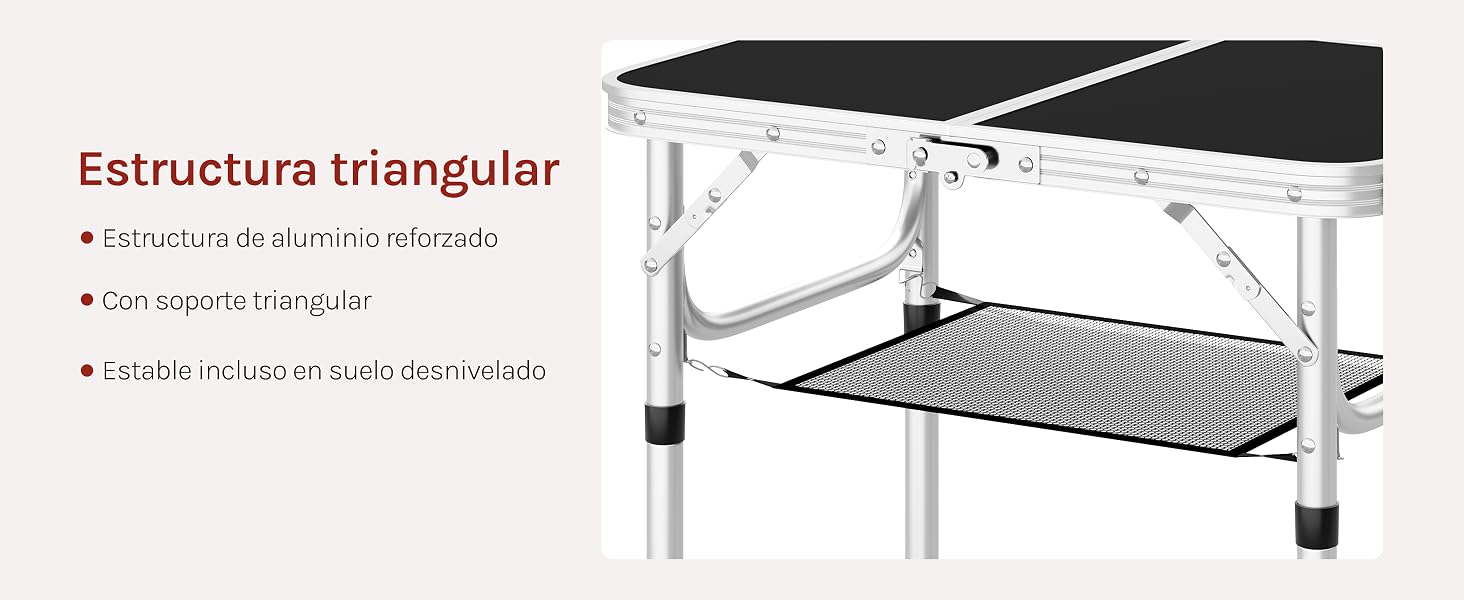 El texto dice «Imagen 2» y «Estructura triangular». Mesa portátil para masajes o tratamientos con altura ajustable, acolchado negro y estante de malla metálica en la parte inferior.