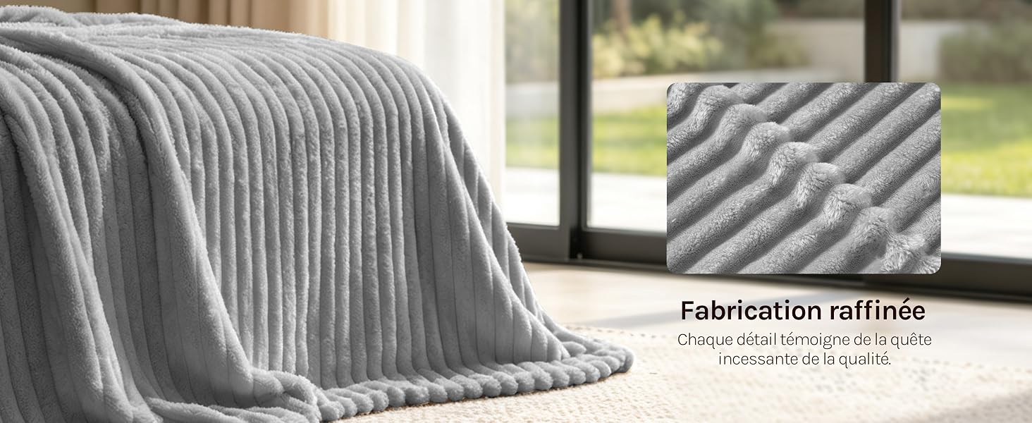 Le texte indique « Fabrication valforex ». Tissu côtelé gris ou matériau drapé sur la surface avec une photo détaillée du produit incrustée.