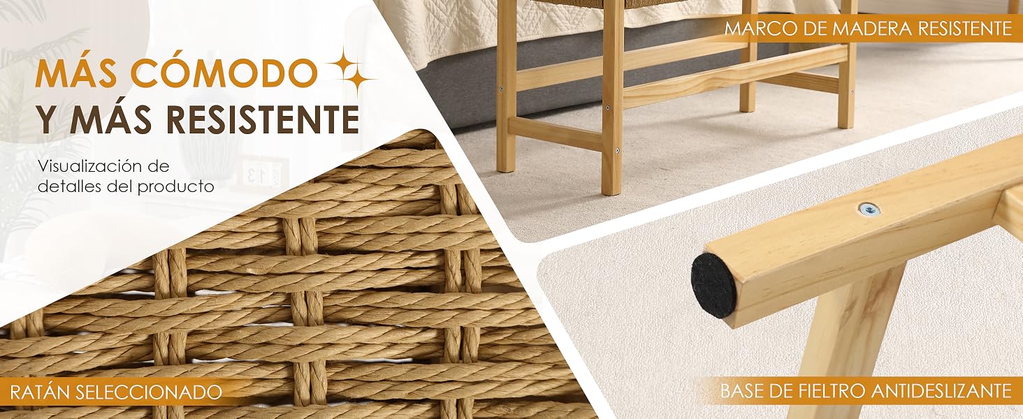El texto dice «MÁS CÓMODO + MÁS RESISTENTE». Primer plano de una superficie texturizada de madera, bambú o ratán con un patrón tejido natural.