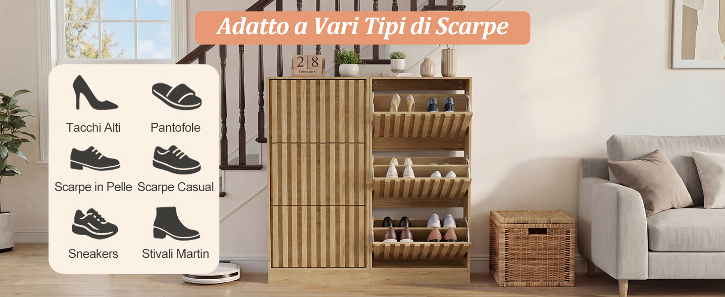 Il testo recita «AUTUMN ESCAPE» (parzialmente visibile). Espositore che mostra una gamma di prodotti calzaturieri con diversi stili di calzature illustrati nella parte superiore, allestimento interno del soggiorno con mobili e decorazioni.