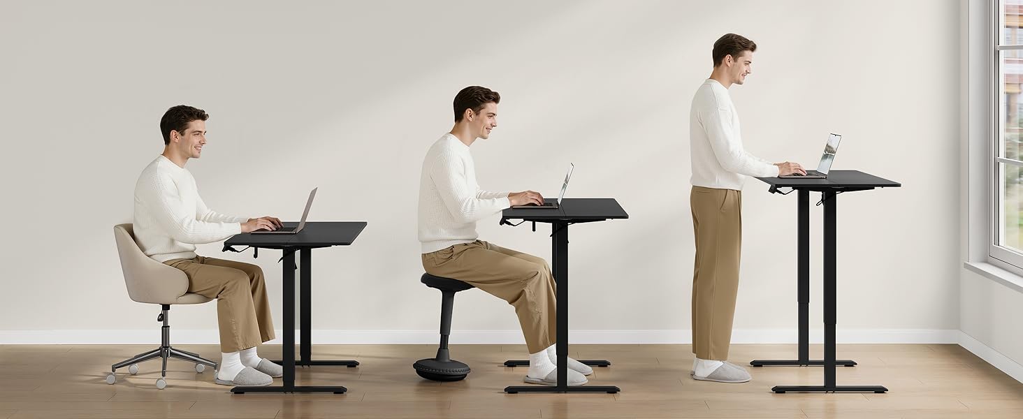 Séquence montrant un bureau réglable en hauteur en cours d'utilisation, montrant différentes positions, allant de la position assise à la position debout.