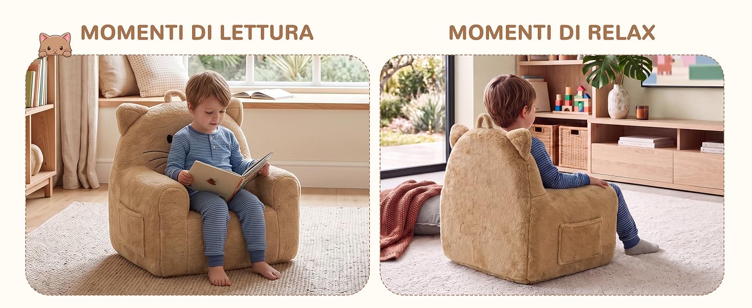 Il testo recita «MOMENTI DI LETTURA» e «MOMENTI DI RELAX». Poltrone a sacco per bambini di colore beige/marrone chiaro: un bambino legge, un bambino si rilassa. Mobili raffigurati in ambiente domestico con ripiani portaoggetti sullo sfondo.