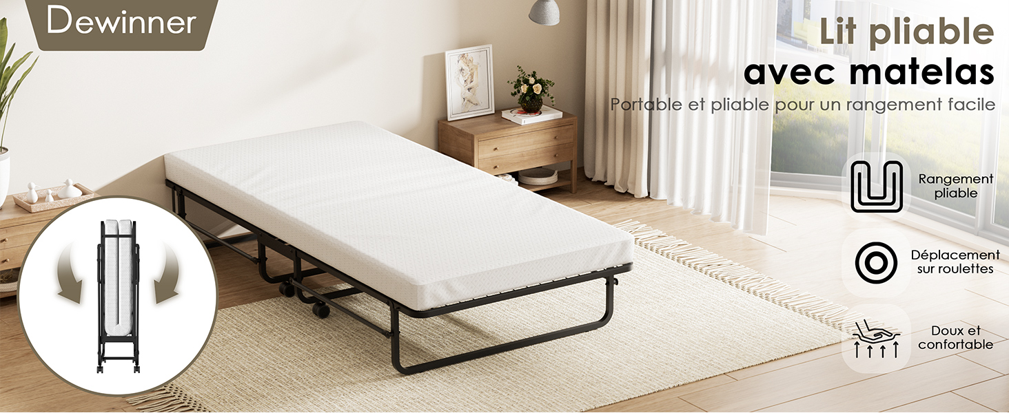 Plusieurs vues du mécanisme et du cadre d'un lit escamotable, illustrant la transition du lit de la position de rangement verticale à la position de sommeil horizontale.