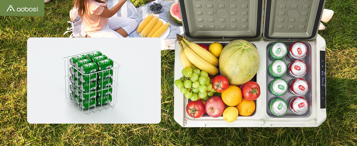 Cadre de pique-nique en plein air avec récipient réfrigérant rempli de boissons, de fruits frais, y compris des pommes et des melons, et de boissons emballées en forme de cercle.