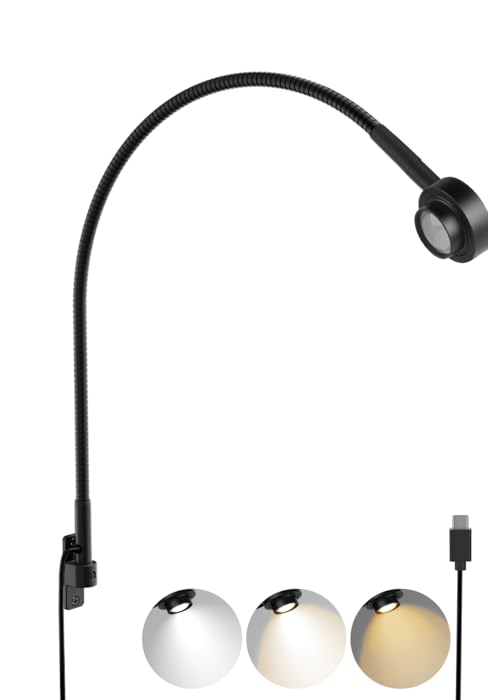 Flexible black reading light with three brightness settings shown, includes USB power adapter and wall plug. Light head displays three color temperature options.