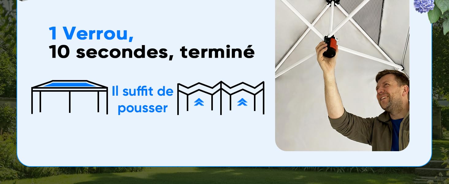 Le texte se lit comme suit : « 10 secondes, terminé », « Il suffit de », « 1 verrue ». Séquence de démonstration montrant le processus d'installation rapide avec étapes numérotées et texte en français.