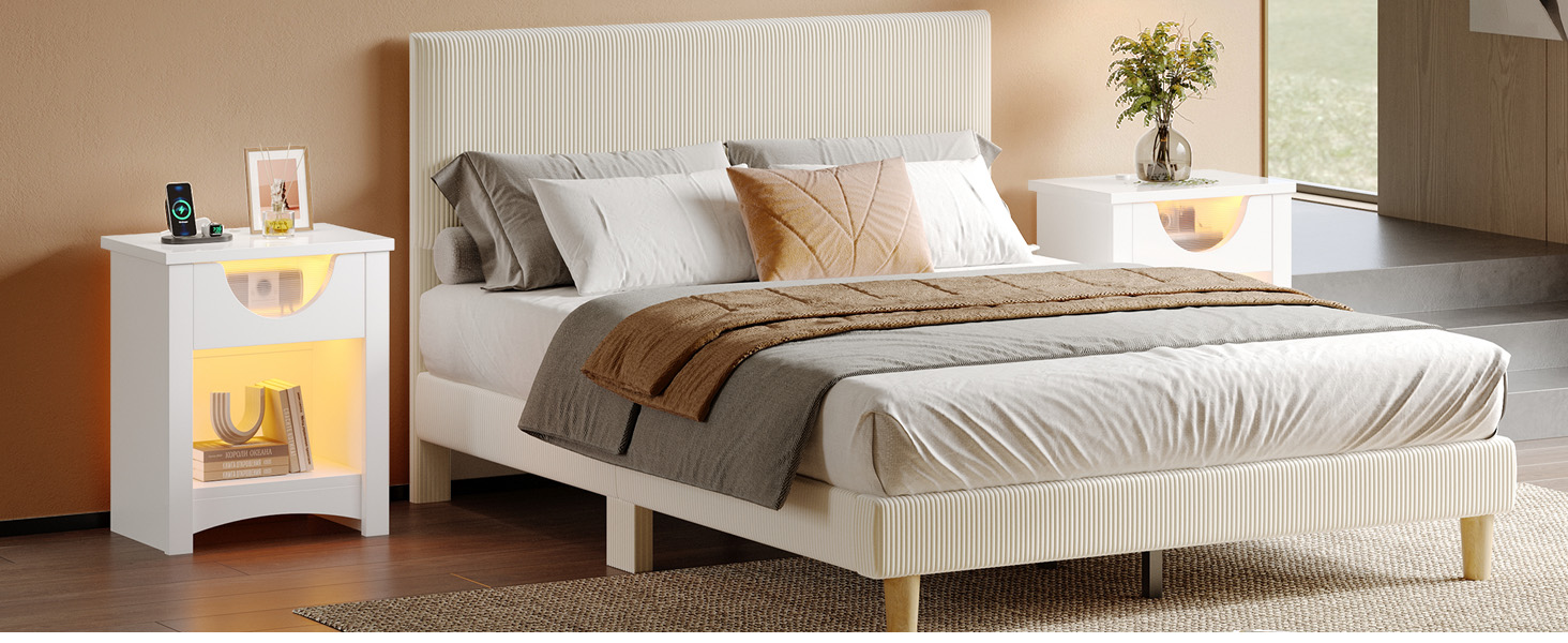 Intérieur de chambre avec literie et mobilier aux teintes neutres, présentant une esthétique de design moderne minimaliste.