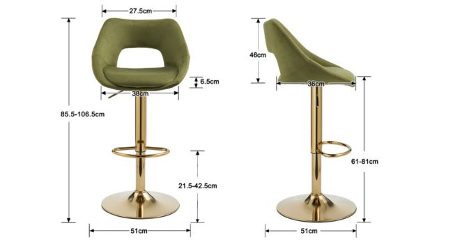 Diagramma tecnico che mostra le misure di due modelli di sgabelli da bar in colore verde oliva con base dorata. Vista laterale e frontale con indicate le dimensioni specifiche di altezza e larghezza.