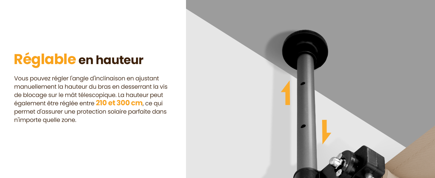 Texte : « Réglable en haut ». Illustration technique montrant le mécanisme de réglage de la hauteur d'un plafonnier avec indicateurs numérotés et flèches.