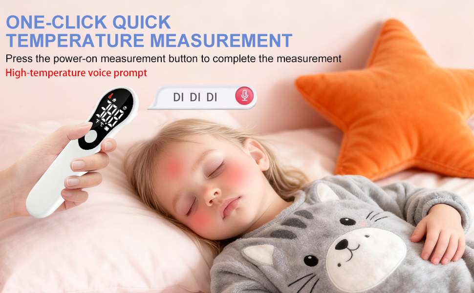 Le texte indique « MESURE RAPIDE DE LA TEMPÉRATURE EN UN CLIC ». Thermomètre médical présenté avec un écran lumineux orange et une interface de mesure.
