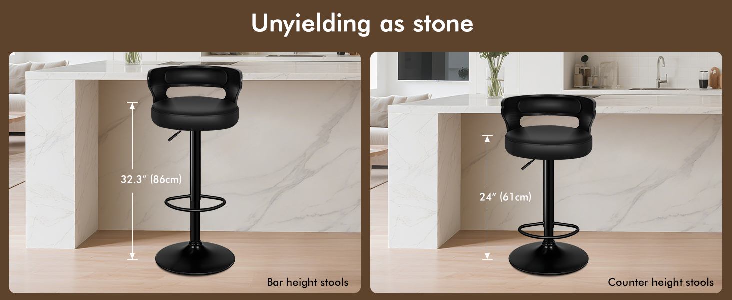 Text reads 'Unfolding as stone'. Sequential product assembly images showing black adjustable stool or stand with step-by-step setup process.