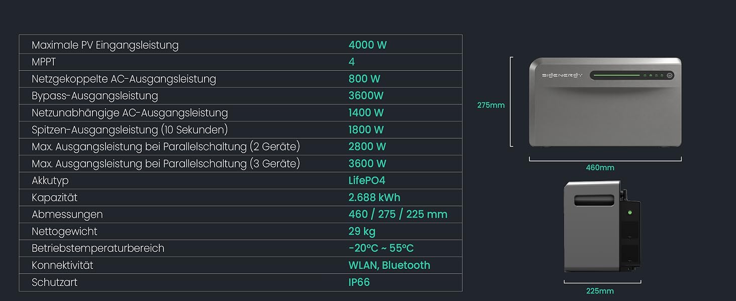 Text lautet: Technische Daten wie Abmessungen, Gewicht, Stromverbrauch und Funktionen sind auf dunklem Hintergrund mit grünem Text aufgeführt. Zwei Produktbilder auf der rechten Seite: Safe/Tresor aus Edelstahl mit digitaler Tastatur und kleinerer passender Einheit unten.