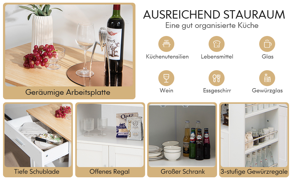 Servierwagen mit Arbeitsplatte & Handtuchhalter & 3 Gewürzregalen & Schublade