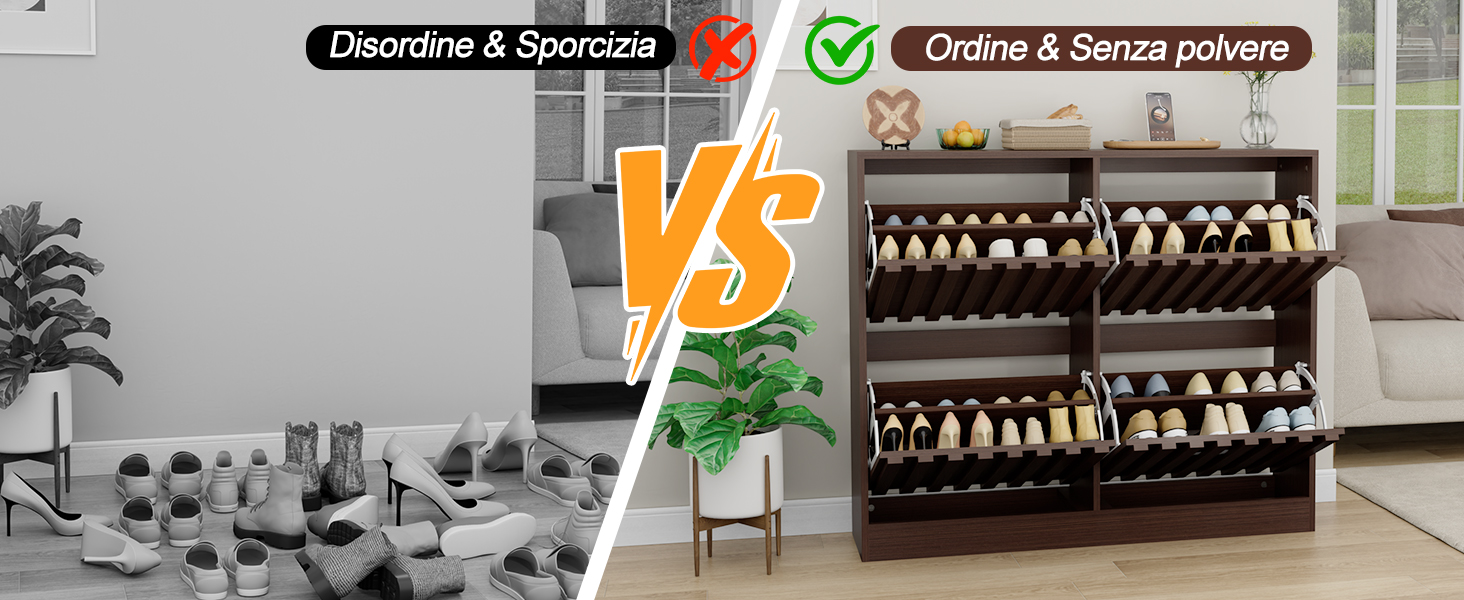 Il testo recita «Decorative & Scattered VS Orderly & Simple looking». Immagine divisa che confronta le soluzioni per riporre le scarpe disordinate rispetto a quelle organizzate.