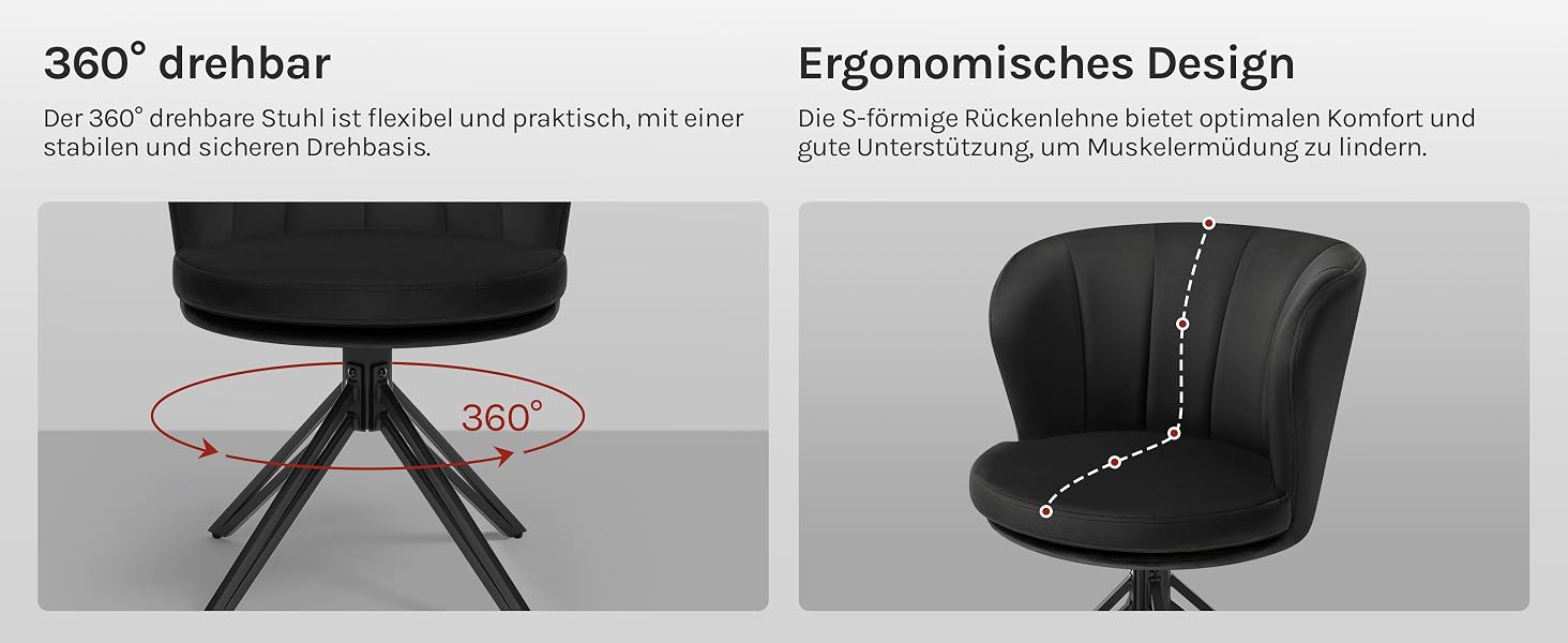 Der Text lautet „360° drehbar“ und „Ergonomisches Design“. Zeigt einen schwarzen Bürostuhl mit Drehgestell und ergonomisch geformter, geschwungener Rückenlehne in zwei Ansichten.